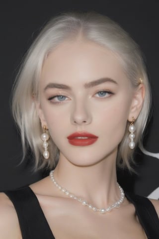 FilmGirl, 1woman, young 25 years old, sexy, mature face, white_eyebrows, white_skin, white_hair, red_lips, aqua_eyes, beatiful eyes, pretty eyes, sexy eyebrows, {black_dress}, shorts_sleeves, pearl-earrings, pearl-colar, background is gala event, YaelShelbia