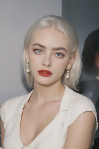 FilmGirl, 1woman, young 25 years old, sexy, mature face, white_eyebrows, white_skin, white_hair, red_lips, aqua_eyes, beatiful eyes, pretty eyes, sexy eyebrows, black_dress, shorts_sleeves, pearl-earrings, pearl-colar, background is gala event, YaelShelbia