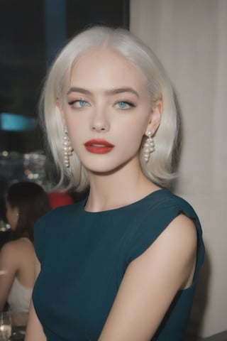 FilmGirl, 1woman, young 25 years old, sexy, mature face, white_eyebrows, white_skin, white_hair, red_lips, aqua_eyes, black_dress, shorts_sleeves, pearl-earrings, pearl-colar, background is gala event, YaelShelbia