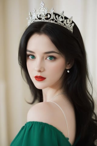 FilmGirl, 1women, young 18 princess, european, white_skin, emerald_eyes, red_lips, black hair, mature face