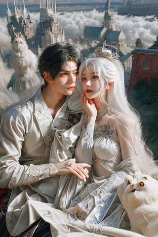 masterpiece, best quality, 1boy, wolf hair, white hair, white skin, handsome, prince clothes, 1girl, black hair, long hair, pretty, princess clothes, background is a big castle, sky, sunshine,more detail ,