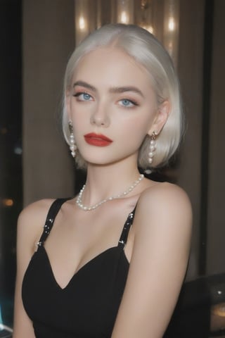 FilmGirl, 1woman, young 25 years old, sexy, mature face, white_eyebrows, white_skin, white_hair, red_lips, aqua_eyes, beatiful eyes, pretty eyes, sexy eyebrows, black_dress, shorts_sleeves, pearl-earrings, pearl-colar, background is gala event, YaelShelbia