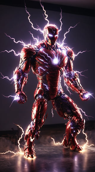 Angry Iron Man, wearing doomsday mecha warrior, armor, lightning flowing all over his body, high energy, half-kneeling position, holding purple flames, reflection map, realistic character, ultra-detailed, cinematic lighting photography, 16k UHD with metal work, red Light suit, energy, lightning, current, gears, clock, machinery, whole body, floor, magic aura,