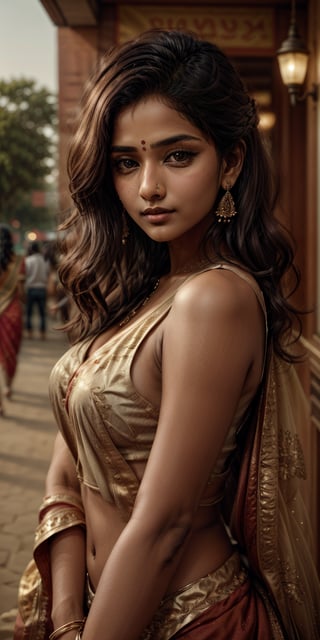 A photorealistic portrait of a 23-year-old Indian girl with long, flowing blonde hair and striking brown eyes. She should have a natural, approachable expression and be illuminated by soft, golden-hour sunlight. The background should be a scenic outdoor setting, perhaps a sunlit park or beach. Capture this image with a high-resolution photograph using an 85mm lens for a flattering perspective.,Indian Model,leonardo,Indian Girl