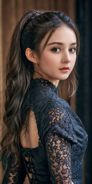 ((Generate hyper realisticimage of a stunning  20 year old girl,)) rich intrincate detailed, black lace dress, long dark hair in a ponytail, meaningful colors,16k resolution, masterpiece, highly complex setting,dynamic lighting, breathtaking, lovely photography style, Extremely Realistic,