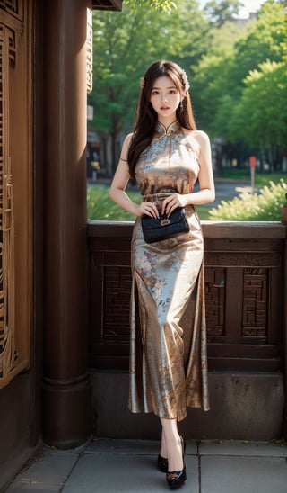 1girl, bag, breasts, brown hair, bush, china dress, chinese clothes, cosplay photo, day, dress, huge breast, floral print, handbag, high heels, lips, long hair, looking at viewer, outdoors, road, shoes, shoes removed, shoulder bag, sleeveless dress, solo, standing, street, tree, 