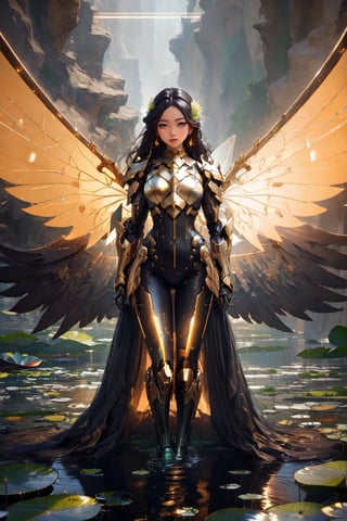 (masterpiece, best quality:1.2),1 woman, solo, long hair, black hair, gold hair, Blue eyes, jewellery, sitting, closed mouth, flower, earrings, wings, artist name, water, armour, lips, bodysuit, glowing, looking away, nose, fairy wings, green colour mechanical wings, standing pose, standing on the water,   lily pad, lotus, spread wings, mecha musume, Masterpiece, colours, 3d octane render, 4k, concept art, trending on artstation, hyperrealistic, Vivid colours, extremely detailed,(front light:1.5)unity 8k wallpaper, trending on ArtStation, trending on CGSociety, Intricate, High Detail, dramatic,(super detailed), (beautiful background, detailed background),