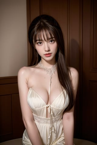 A beautiful young woman sits elegantly, her long brown hair cascading down her back like a golden waterfall. Her black hair flows down the center of her head, adorned with a delicate hair ornament that catches the soft light. Her breasts are exposed just above the sweetheart neckline of her white dress, showcasing her tantalizing cleavage. Her shoulders are bare, inviting the viewer's gaze. Brown eyes lock onto ours, parted lips forming a subtle smile as she gazes directly at us. A small mole sits above her upper lip, adding to her natural allure. She wears a simple cardigan draped over her shoulders, its soft folds framing her delicate features. Her legs are crossed, one foot tucked under the other, creating a sense of intimacy and vulnerability. A white flower adorns her hair, adding a touch of whimsy to this stunning image.