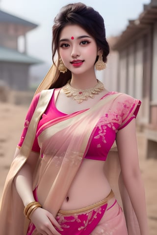 Indian beautiful and hot style bhabhi look wearing in 
Vyjayanthimala,Rekha , age 35, realistic body skin, brown eye ,white teeth, tilak on forhead ((wearing pink saree black blouse)),neckless and earring,Makeup,beautiful,detailed eyes,detailed lips,portrait,endless beauty,Milf, smile on face,((stading in front of kedarnath temple))red lipstik,pov_eye_contact,A gorgeous hindu indian girl,very fit, very toned, very athletic, naughty poses, hyperdetailed,full body, head to toe
,Anime Style, 