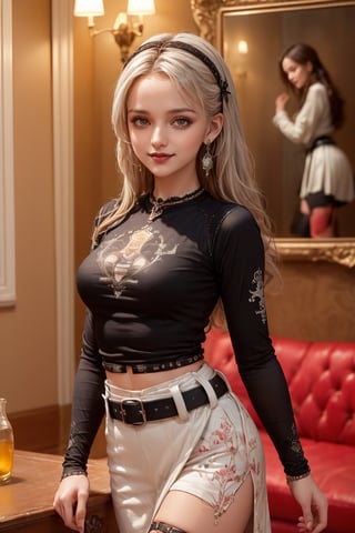 (((Best Quality, Masterpiece, Top Quality, Super Detail, High Resolution, HDR, Unity 8K Wallpaper, High Definition CG, Beautiful Details, Depth, Fine Grain, Super Fine: 1.2, Vibrant)), Style by Epic Seven: 1.3 , Eye Details: 1.3, Break, Long Hairstyle, Shining White Hair: 1.3, Face Details: 1.3, Happy Smile, Accessories, (Super Detailed Y2K Graphic Print Crew Neck T-Shirt, Gothic Long Sleeve Lettuce Trim Top: 1.2 Gal Outfit :1.3) Thin waist, narrow waist, narrow waist, gothic pleated belt skirt: 1.5), Blake, (thin thighs, thin legs), stockings (very detailed): 1.3), Cleavage, Blake, cute pose Change: 1.5, (hands on the sides of the thighs), beautiful, bright colors, light particles: 1.2, incandescent lights, cowboy shots, gothic details, cute gothic living room, change the situation of the room ,luxury,smile