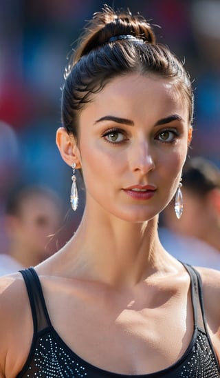 A close-up shot of an Eastern European sportswoman wearing sheer lycra attire, her dark locks tied into a sleek bun. A cascade of long earrings adorns her neck as she gazes directly at the camera, exuding confidence and poise. The framing highlights her toned physique, with a shallow depth-of-field emphasizing the sparkling jewelry.