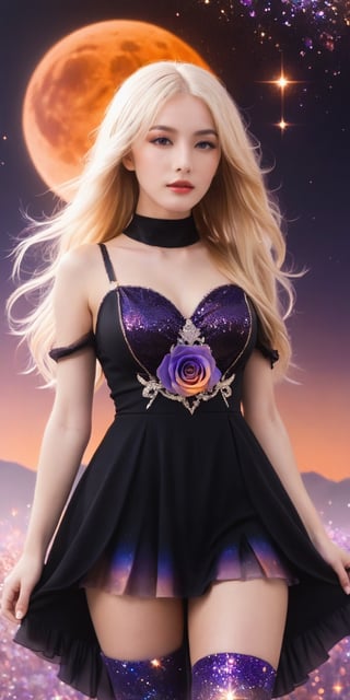 1 girl, 0p4ldr3ss, black dress, opal, blonde hair, long blonde hair, ephemeral, orange moon, orange skies, space, magical smoke, purple haze, looking at viewer, black thighhighs, (abstract:0.25), stars, purple roses, (straight hair, mid parted hair:1.15) ,glitter,LinkGirl