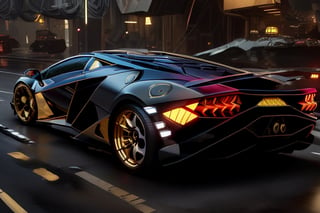 lamborghini, scifi, luxurious,  cyberpunk, car on a highway ,luxtech, luxurious,mecha,gold_trim and flat black, cyberpunk, photorealistic,mecha musume,MECHA