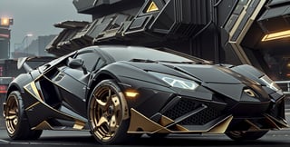 lamborghini, scifi, luxurious,  cyberpunk, car on a highway ,luxtech, luxurious,mecha,gold_trim and flat black, cyberpunk, photorealistic,mecha musume,MECHA