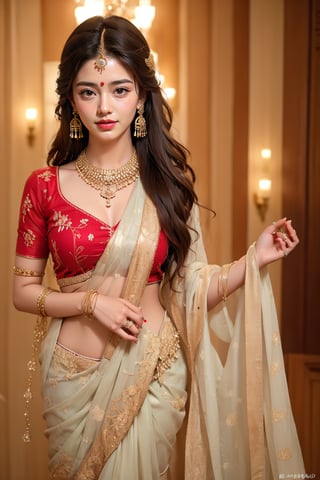 1girl, solo, long hair, black hair, dress, chiffon saree jewelry, earrings, necklace, blurry, see-through, floral print, ring, realistic, @imageized