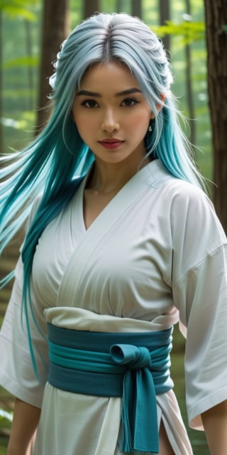 a Japanese ninja girl, and a white dress, with long cyan hair in a banbu forest, high quality, high resolution, high precision, realism, color correction, proper lighting settings, harmonious composition.