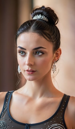 A close-up shot of an Eastern European sportswoman wearing sheer lycra attire, her dark locks tied into a sleek bun. A cascade of long earrings adorns her neck as she gazes directly at the camera, exuding confidence and poise. The framing highlights her toned physique, with a shallow depth-of-field emphasizing the sparkling jewelry.