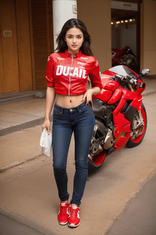 Superbike, roadways,1girl, standing with bike, dressed, Jeans with top, sneakers, traditional media, Race machine, motor vehicle, motorcycle, Ducati, 2023 model, Red, @imageized