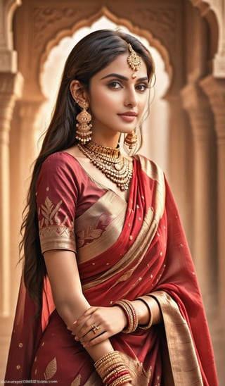 A 25-year-old beautiful Indian girl, dressed in a traditional yet modern red saree, is accessorized with elaborate gold earrings and jewelry. Her striking features are highlighted under chic and intricate runway lighting, reminiscent of Vegas Fashion Week. This captivating portrait exhibits sophisticated ethnic fashion and design, reflecting a blend of India's rich heritage and contemporary fashion culture.,Masterpiece,Hyper realistic,Ultra realistic,Photography,Perfect hand,Perfect legs,Perfect fingers,DSLR CAMERA photoshoot,Perfect lighting