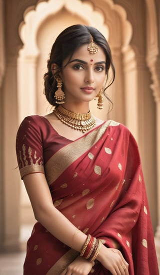 A 25-year-old beautiful Indian girl, dressed in a traditional yet modern red saree, is accessorized with elaborate gold earrings and jewelry. Her striking features are highlighted under chic and intricate runway lighting, reminiscent of Vegas Fashion Week. This captivating portrait exhibits sophisticated ethnic fashion and design, reflecting a blend of India's rich heritage and contemporary fashion culture.,Masterpiece,Hyper realistic,Ultra realistic,Photography,Perfect hand,Perfect legs,Perfect fingers,DSLR CAMERA photoshoot,Perfect lighting