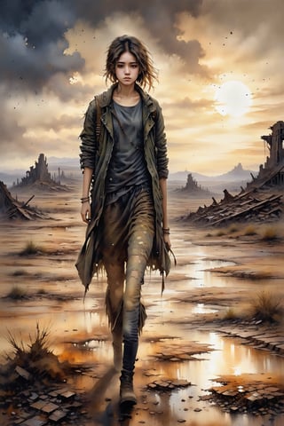 "oil painting, highly detailed, a young girl wandering through a barren wasteland, expression of deep sadness and depression, remnants of a shattered world around her, dark and moody color palette, strokes conveying the texture of dirt and decay, cloudy sky with hints of a setting sun, feeling of loneliness and despair, ((post-apocalyptic)) theme, torn and dirty clothes, scattered ruins"