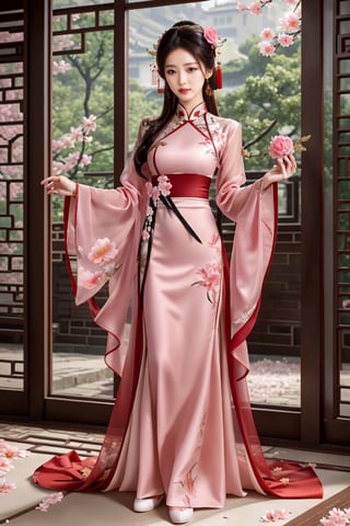 1girl, solo, long hair, black hair, hair ornament, long sleeves, dress, jewelry, standing, full body, flower, earrings, indoors, hand up, hair flower, wide sleeves, petals, window, sparkle, chinese clothes, pink dress, falling petals,ancient_beautiful,mecha