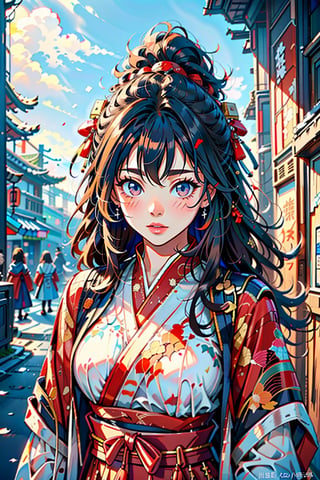 flat illustration of beautiful young Japanese woman weared in traditional Japanese_attire, messy hairstyle, background and drawning in Tim Berton style, close interweaving of realism and symbolism in cyberpunk style, pale neon lighting, dark shadows. aesthetic and beautiful picture, winner of various awards, trending on popular magazines, creative masterpiece, @imageized