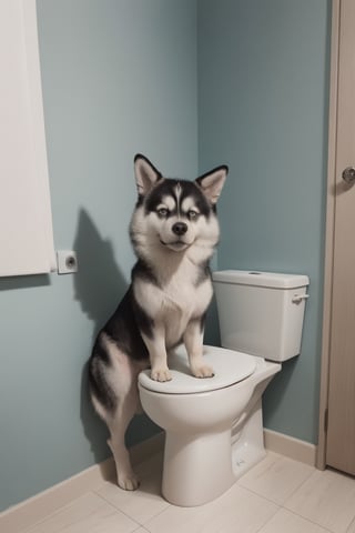a funny  dog husky cool  , sitting on toilet, reding newspaper  cute posture,pure colour, 
digita art ,cool WC . modern toilet, cool cinmatic color , 8k , light blue and orange colors ,cinimatic lighting, 8k