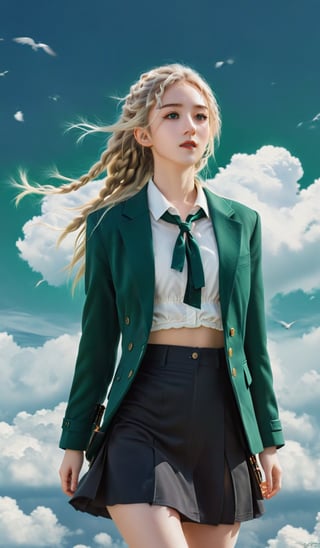 
18 year old girl with long platinum blond braided hair, wearing a dark green blazer white blouse and black skirt, flying among clouds in the style of hyper-realistic atmospheres, anime aesthetic, dotted, fenghua zhong, close up, light gold and dark emerald, 32k uh --ar 9:16 --stylize 750 