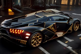 lamborghini, scifi, luxurious,  cyberpunk, car on a highway ,luxtech, luxurious,mecha,gold_trim and flat black, cyberpunk, photorealistic,mecha musume,MECHA