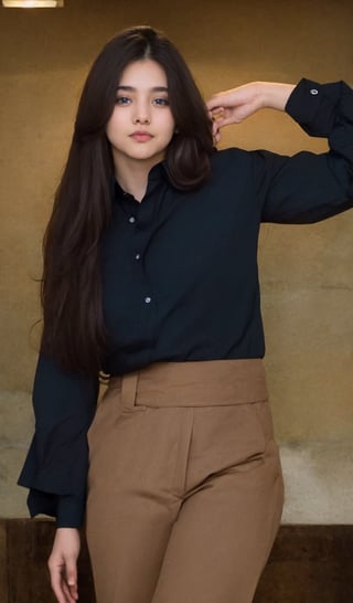 1girl, solo, long hair, looking at viewer, blue eyes, brown hair, shirt, black hair, long sleeves, standing, cowboy shot, pants, hand up, sleeves past wrists, black shirt