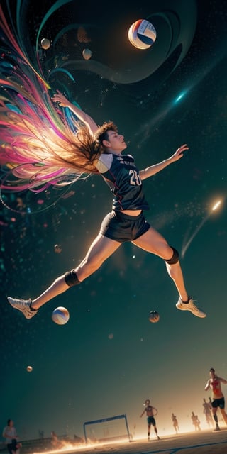 A boy, adorned in a vibrant volleyball jersey, jumps high, defying gravity, as if propelled by an unseen force, in a surreal, abstract and psychedelic setting. His hair streamlines behind him as he leaps, forming strokes of Art Nouveau patterns. The ball, an otherworldly blob with luminous veins, floats above, surrounded by swirling cosmos and color bursts of Pop Art influence. The sail-like background is adorned with futuristic and sci-fi elements, invoking depictions of space exploration, completes this scene of a boy defying norms and boundaries in a volleyball game.