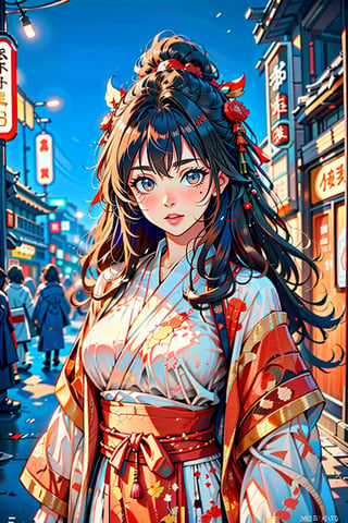 flat illustration of beautiful young Japanese woman weared in traditional Japanese_attire, messy hairstyle, background and drawning in Tim Berton style, close interweaving of realism and symbolism in cyberpunk style, pale neon lighting, dark shadows. aesthetic and beautiful picture, winner of various awards, trending on popular magazines, creative masterpiece, @imageized