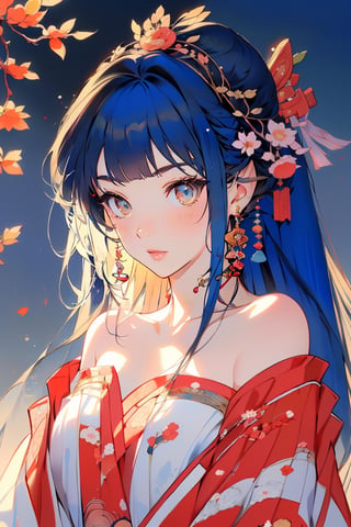 masterpiece, uhd, 8k,, ((ukiyoe style)), ((((masterpiece)))), (((best quality))), (illustration),(1girl:1.5),(solo:1.5), ((an extremely delicate and beautiful)), ((little girl)) , cute, ((hime_cut)), side blunt bangs,(ultramarine hair:1.2), hairs between eyes, ribbons, Bracelet , bare shoulders,((japanese_clothes)),  ((slit pupils)), ((miko)), (off_shoulder), sakura tree, on park, flower petal, floating,Extremely Realistic,1 girl, 