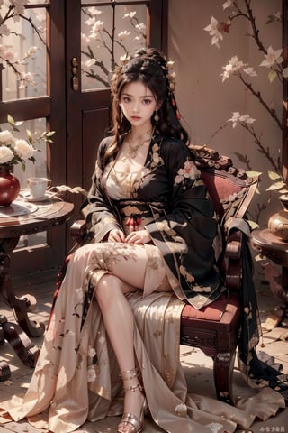 1girl, solo, long hair, breasts, black hair, hair ornament, long sleeves, dress, jewelry, sitting, full body, flower, earrings, indoors, hair flower, necklace, chair, chinese clothes, table, vase, hanfu
