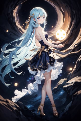masterpiece, best quality, extremely detailed, (illustration, official art:1.1), 1 girl ,(((( light blue long hair)))), light blue hair, ,10 years old, long hair ((blush)) , cute face, big eyes, masterpiece, best quality,(((((a very delicate and beautiful girl))))),Amazing,beautiful detailed eyes,blunt bangs((((little delicate girl)))),tareme(true beautiful:1.2), ​masterpiece、Background with((Fantastic starry sky、meteors、black hole))、Depth((Giant Tree、Fantastic、Luminescent))、a beauty girl、onepiece、Rear view、Looking up,full body&lt;lora:faceage:1&gt; &lt;lora:eyecolle_bougainvillea_v100:1&gt;,,