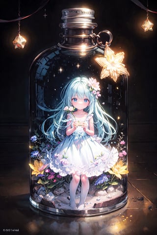 masterpiece, best quality, extremely detailed, (illustration, official art:1.1), 1 girl ,(((( light blue long hair)))), light blue hair, ,10 years old, long hair ((blush)) , cute face, big eyes, masterpiece, best quality,(((((a very delicate and beautiful girl))))),Amazing,beautiful detailed eyes,blunt bangs((((little delicate girl)))),tareme(true beautiful:1.2), sense of depth,dynamic angle,,,, affectionate smile, (true beautiful:1.2),,(tiny 1girl model:1.2),)(flat chest)),(Master photography:1.4),(Beautiful and delicate girl:1.2),Beautiful and delicate eyes,serene visuals,Wearing a broken flower skirt,Florist at night,Shop window,Flowers in full bloom,Quiet,(textured skin:1.3),(Hasselblad:1.2),ray tracing,(UHD:1.1),8k,purple and blue floral design on a clear glass container, graphic of enchanted terrarium, mythical floral hills, concept art magical highlight, fantasy sticker illustration, dreamscape in a jar, magical glow, ✨🕌🌙, omori, crystal forest, magically glowing, wonderland portal, jelly glow, moonlit starry sky environment, magical background, soft airbrushed artwork., Dried flowers inside a mansion,full body、(perfume bottle, colorful flower border, cosmic background, three-dimensional texture), ,JAR