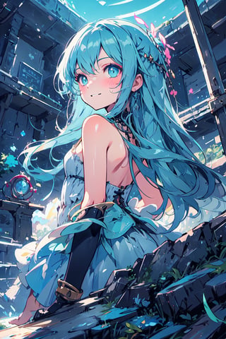 masterpiece, best quality, extremely detailed, (illustration, official art:1.1), 1 girl ,(((( light blue long hair)))), light blue hair, ,10 years old, long hair ((blush)) , cute face, big eyes, masterpiece, best quality,(((((a very delicate and beautiful girl))))),Amazing,beautiful detailed eyes,blunt bangs((((little delicate girl)))),tareme(true beautiful:1.2), sense of depth,dynamic angle,affectionate smile, (true beautiful:1.2),,(tiny 1girl model:1.2),(flat chest)), 
Soft Focus , (Masterpiece, top quality, super detailed CG, ultra detailed beautiful face and eyes,super detailed, intricate details:1.2), 8k wallpapers, elaborate features,
(1 person, solo:1.4)perfect cartoon illustration,(1 person, solo:1.4)
(realistic textures:0.8), high res, cute, (vivid colors, dynamic lighting:1.0), (high contrast:0.8),
A girl (in her teens) with a mysterious atmosphere overlooking the lowlands from the top of a steep cliff, very pretty face, long glossy blue hair, clear sky-blue eyes, clear skin, slender arms and legs (both barefoot), wearing only a white dress that reaches down to her calves, surrounded by blue phosphorescence. Blue phosphorescence surrounds her, ruins spread far and wide in front of her, the place is a fantastic and vast urban ruin, the time is night and the area is dark, but stars and a big moon are shining brightly in the sky, back view, so that her whole body is included in the illustration.,Human bones,prison,,Brilliant and colorful paintings、Grasp the great sword with 、Holding the Great Sword、（church、HighestQuali,astonishing detail：1.25）,,Brilliant and colorful paintings,Wielding the legendary sword、(((+++Black mist clinging to the body))))],Most Beautiful Form of Chaos、,holding a sword,glowing sword