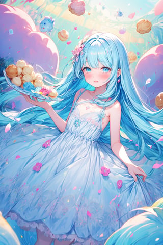 masterpiece, best quality, extremely detailed, (illustration, official art:1.1), 1 girl ,(((( light blue long hair)))), light blue hair, ,12 years old, long hair ((blush)) , cute face, big eyes, masterpiece, best quality,(((((a very delicate and beautiful girl))))),Amazing,beautiful detailed eyes,blunt bangs((((little delicate girl)))),tareme(true beautiful:1.2), sense of depth,,, affectionate smile, (true beautiful:1.2),,(tiny 1girl model:1.2),)(flat chest)),, face,absurdres, highres, ultra detailedBREAK(one girl:1.5), A fairytale and wonderland world,Colorful and lively atmosphere,confeti,Sweets, toys, and stuffed animals are floating and scattered in the air.,A pile of extra large cream puffs,A mountain shaped like a cream puff,fluffy hair,Odango Hair,Keeping hair together,rainbow-colored hair,A voluminous princess-like dress,Iridescent dresses,A is climbing on a pile of cream puffs,
