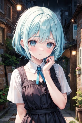 Masterpiece, best quality, extremely detailed, (illustration, official art: 1.1), 1 girl, ((light blue hair))), light blue hair, 10 years old,  ((blush)), cute face, big eyes, masterpiece, best quality, ((a very delicate and beautiful girl)))), amazing, beautiful detailed eyes, blunt bangs (((little delicate girl)))), tareme (true beautiful: 1.2),Official art、Top quality ultra-detailed CG art、a beauty girl：１.２）、lightblue hair、Glossy hair、1girl, standing on the edge of a building, looking down, (((crying))), tears falling down her face, dystopia, 8k, high quality, detailed face, detailed hands, depressing, sad, raining outside, (((nighttime)))