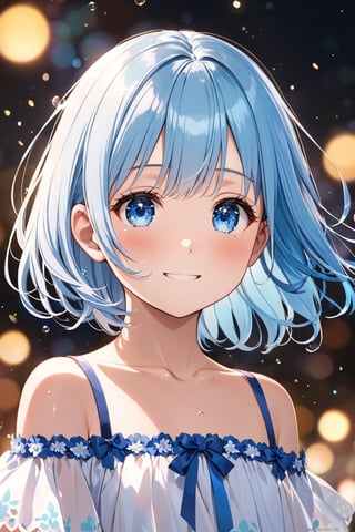 Masterpiece, best quality, extremely detailed, (illustration, official art: 1.1), 1 girl, ((light blue hair))), light blue hair, 10 years old,  ((blush)), cute face, big eyes, masterpiece, best quality, ((a very delicate and beautiful girl)))), amazing, beautiful detailed eyes, blunt bangs (((little delicate girl)))), tareme (true beautiful: 1.2), sense of depth, dynamic angle,, (show off own areola slip: 1.2) affectionate smile, (true beautiful: 1.2), (tiny 1girl model: 1.2), (flat chest)), (masterpiece, best quality, extremely detailed, absurdres)),, looking at viewer, small breasts, beautiful jpn-girl, (best quality: 1.2) solo, cinematic light, ,A girl, wearing a short-sleeved skirt, (maniac: 1.1),  bright light, background bokeh, depth of field, blurred background, light particles, strong wind, (heart particles: 1.1)、(great laughter:1.1), , crying, sobbing, tears,,She's shedding big tears, bob cut, smile,