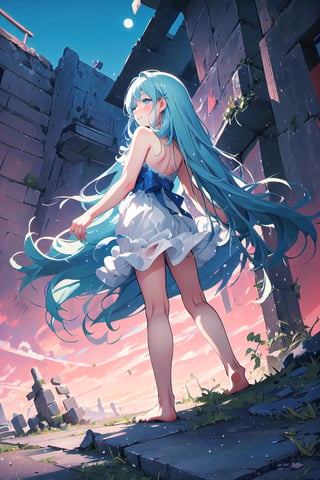 masterpiece, best quality, extremely detailed, (illustration, official art:1.1), 1 girl ,(((( light blue long hair)))), light blue hair, ,10 years old, long hair ((blush)) , cute face, big eyes, masterpiece, best quality,(((((a very delicate and beautiful girl))))),Amazing,beautiful detailed eyes,blunt bangs((((little delicate girl)))),tareme(true beautiful:1.2), sense of depth,dynamic angle,affectionate smile, (true beautiful:1.2),,(tiny 1girl model:1.2),(flat chest)), 
Soft Focus , (Masterpiece, top quality, super detailed CG, ultra detailed beautiful face and eyes,super detailed, intricate details:1.2), 8k wallpapers, elaborate features,
(1 person, solo:1.4)perfect cartoon illustration,(1 person, solo:1.4)
(realistic textures:0.8), high res, cute, (vivid colors, dynamic lighting:1.0), (high contrast:0.8),
A girl (in her teens) with a mysterious atmosphere overlooking the lowlands from the top of a steep cliff, very pretty face, long glossy blue hair, clear sky-blue eyes, clear skin, slender arms and legs (both barefoot), wearing only a white dress that reaches down to her calves, surrounded by blue phosphorescence. Blue phosphorescence surrounds her, ruins spread far and wide in front of her, the place is a fantastic and vast urban ruin, the time is night and the area is dark, but stars and a big moon are shining brightly in the sky, back view, so that her whole body is included in the illustration.,Human bones,prison