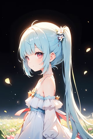masterpiece, best quality, extremely detailed, (illustration, official art:1.1), 1 girl ,(((( light blue long hair)))), light blue hair, ,10 years old, long hair ((blush)) , cute face, big eyes, masterpiece, best quality,(((((a very delicate and beautiful girl))))),Amazing,beautiful detailed eyes,blunt bangs((((little delicate girl)))),tareme(true beautiful:1.2), sense of depth,dynamic angle,affectionate smile, (true beautiful:1.2),,(tiny 1girl model:1.2),(flat chest)), Soft Focus , (fantastic illustration:1.4),(watercolor:1.25 ),(High_quality:1.4),(high_resolution:1.4),(high_definition:1.4),cute 1girl,embarrassed,red eyes,blunt bangs,side ponytail, white hair,bare shoulders,clothing cutout,frills,white skirt,long sleeves,shirt,shoulder cutout,from side, teenage,flower field,pastel colors, masterpiece, best quality ,,light
