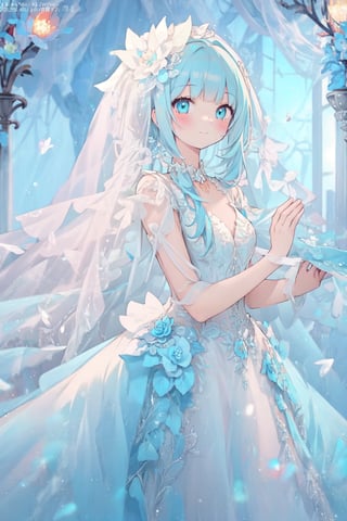 masterpiece, best quality, extremely detailed, (illustration, official art:1.1), 1 girl ,(((( light blue long hair)))), ,(((( light blue long hair)))),light blue hair, ,10 years old, long hair ((blush)) , cute face, big eyes, masterpiece, best quality,(((((a very delicate and beautiful girl))))),Amazing,beautiful detailed eyes,blunt bangs((((little delicate girl)))),tareme(true beautiful:1.2), sense of depth,dynamic angle,,,, affectionate smile, (true beautiful:1.2),,(tiny 1girl model:1.2),)(flat chest),((Finest quality)),(超A high resolution),(ultra-detailliert),(Meticulous portrayal),((Best Anime)),(Finest works of art),Ultra-Precision Art,The art of astounding depiction,intricate fantasy art:1.5, (1人の女性:1.5),,((bride:1.5)),(Pure White Wedding Dresses),((veils:1.5)),Intricate and detailed lace, stain glass, Blessings of Angels:1.3
,light,floral dress、Lilies on the background,Transparent Glass Flowers,giant_flower,ruanyi0263