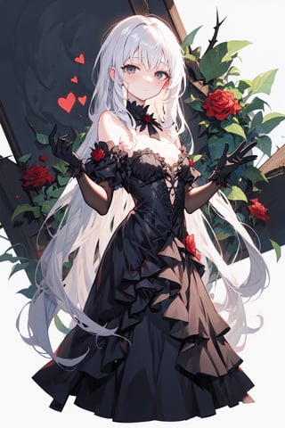 (((white very long hair))),red flower, heart, grey eyes, thorns, red rose, vines, dress, looking at viewer, parted lips, bangs, black flower, black dress, gloves, holding, plant, very long hair, skeleton, ring, white background, black rose, picture frame, card, frills, black gloves, white eyes, blurry ////////, ,tomie,EYEPATCH BIKINI,Smooth hair, perfect straight hair,small breasts,shy