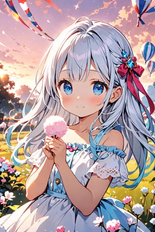 : masterpiece, best quality, extremely detailed, (illustration, official art:1.1), 1 girl ,(((( light blue long hair)))), light blue hair, ,10 years old, long hair ((blush)) , cute face, big eyes, masterpiece, best quality,(((((a very delicate and beautiful girl))))),Amazing,beautiful detailed eyes,blunt bangs((((little delicate girl)))),tareme(true beautiful:1.2), sense of depth,dynamic angle,,,, affectionate smile, (true beautiful:1.2),,(tiny 1girl model:1.2),)(flat chest)),(masterpiece, amazing quality)), (unity 8k wallpaper), (absurdres), (ultra detailed, ultra highres: 1.5), (sharp focus), (insanely detailed), extremely detailed CG, super fine illustration, pastel colors, kawaii, cute colors, more_details:1.5, 1girl, hands up, cotton candyBREAK The machine that creates infinity cotton candy, fairytale, dream country, pink sky, cute, floating cotton candys ,