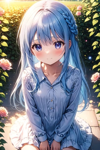 masterpiece, best quality, extremely detailed, (illustration, official art: 1.1), 1 girl, (((light blue long hair))), light blue hair, 10 years old, long hair ((blush)), cute face, big eyes, masterpiece, best quality, (((a very delicate and beautiful girl)))), amazing, beautiful detailed eyes, blunt bangs (((little delicate girl)))), tareme (true beautiful: 1.2), sense of depth, dynamic angle,,, (show off own areola slip: 1.2) affectionate smile, (true beautiful: 1.2), (tiny 1girl model: 1.2), (flat chest)), (masterpiece, best quality, extremely detailed, absurdres)),, looking at viewer, small breasts, beautiful jpn-girl, (best quality: 1.2) solo, cinematic light, [emblem: Irridescent color], masterpiece, best quality, extremely detailed, anime, ( 1 girl), teenage girl, original character blue sky, colorful, pastel color, blushing, Valentine style clothes, evening, very cute female child,10 yo, flat chest, school uniform, long sleeves, blush, looking away, solo, 1girl, masterpiece, best quality, ultra-detailed,cinematic light, perfect lighting,embarrassed, (((Wide Open Eyes))),A coquettish expression,Smooth anime CG art, 8K high quality detailed art, Fine details. , perfect anatomy、(masterpiece, best quality, ultra detailed beautiful face and eyes,perfect lighting,anime,8k,4k,beautiful fingers,beautiful hands,fingertip,,),((solo,1girl)),,outdoor,in a field of colorful rose:1.2,sunlight,sun,wind,in rose garden,fantasy,,braid, ahog hairclip, shiny skin, blush,,BREAK ,,lens flare,deep shadows,refrect,strong light,strong light coming in,embarrassed,,full body, looking at viewer, from above,relaxed woman sitting,wearing only an oversized dress shirt, ,,