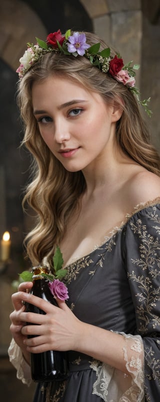 (masterpiece, best quality, ultra-detailed, 8K),high detail, realisitc detailed,
a sexy young princess with long flowy hair over shoulders in the dark, medieval gown , cuddling a bottle of stout, wreath, detailed eyes, soft skin, kind smile, glossy lips, details of colorful flowers,
a serene and contemplative mood,well lit  background consists of a medieval castle chamber,