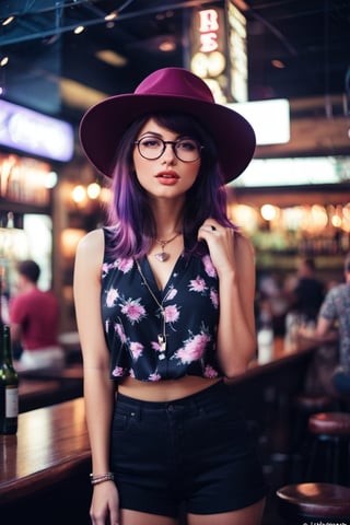((masterpiece, best quality)), absurdres, (Photorealistic 1.2), sharp focus, highly detailed, top quality, Ultra-High Resolution, HDR, 8K, epiC35mm, film grain, moody photography, (color saturation:-0.4), Instagram photography, purple black burgundy color palette,

a photo of a hipster girl in the style of franck-bohbot, 21 years old, glasses, wide brim hat, sleeveless shirt, floral shirt, multiple rings, multiple necklaces, in a pub, bokeh background, neon lights,Veronika Zenanova