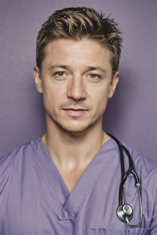 ((masterpiece, best quality)), absurdres, (Photorealistic 1.2), sharp focus, highly detailed, top quality, Ultra-High Resolution, HDR, 8K, photo of handsome man, 30 year old American man, (Hawkeye from the "Avengers") (Jeremy Renner:1.2) (((as a male nurse in an E.R. soap opera))) (standing in an Emergency room), epiC35mm, film grain, (freckles:0.0), upper body shot, (plain background:1.6), athletic body, pale skin, (((purple scrub))), short black hair,  photo of perfect eyes, dark eyes, detailed face, warm smile, cool color grading,